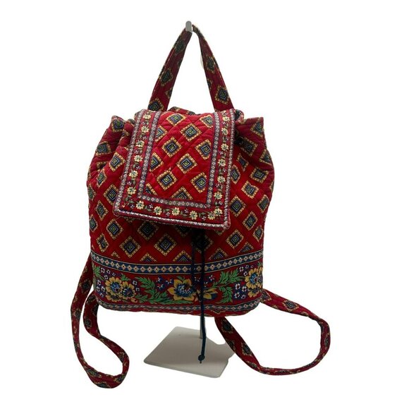 Vera Bradley Villa Red Backpack Floral Geometric Quilted Cotton Vintage Retired - Picture 1 of 10